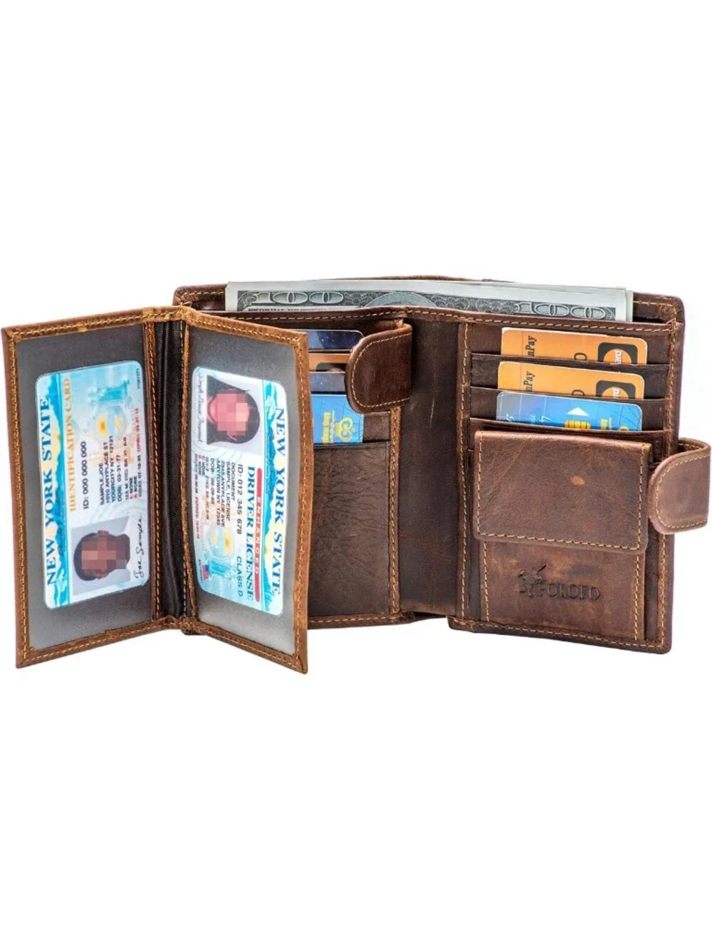 Large RFID Genuine Leather Trifold Wallet | Snap Closure, 3 ID Windows for Men